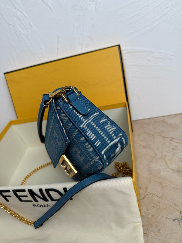 Fend Baguette 19cm Bag Gold Hardware in Blue Denim Leather with FF Motif Shw