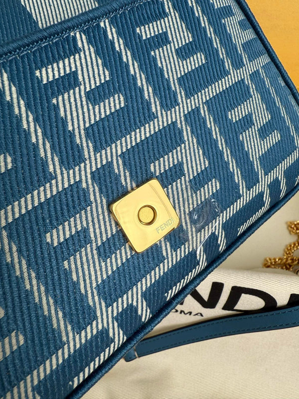 Fend Baguette 19cm Bag Gold Hardware in Blue Denim Leather with FF Motif Shw