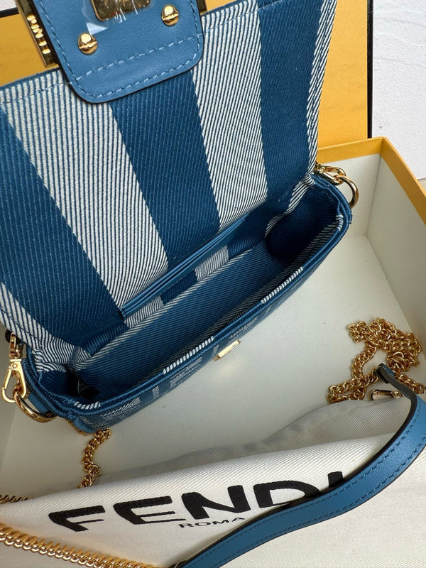 Fend Baguette 19cm Bag Gold Hardware in Blue Denim Leather with FF Motif Shw