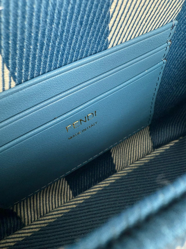 Fend Baguette 19cm Bag Gold Hardware in Blue Denim Leather with FF Motif Shw