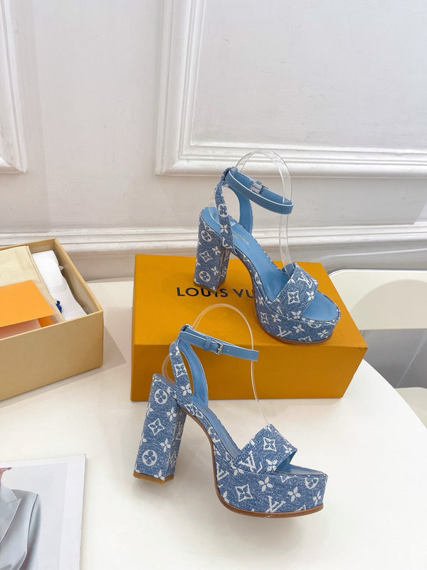 Sandali con plateau e cinturino in denim monogramma blu LV da 110 mm