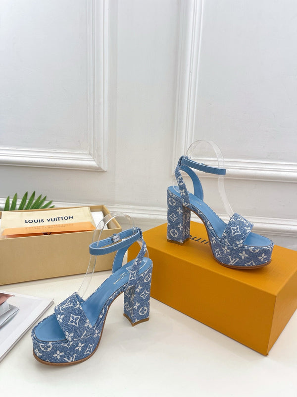 Sandali con plateau e cinturino in denim monogramma blu LV da 110 mm