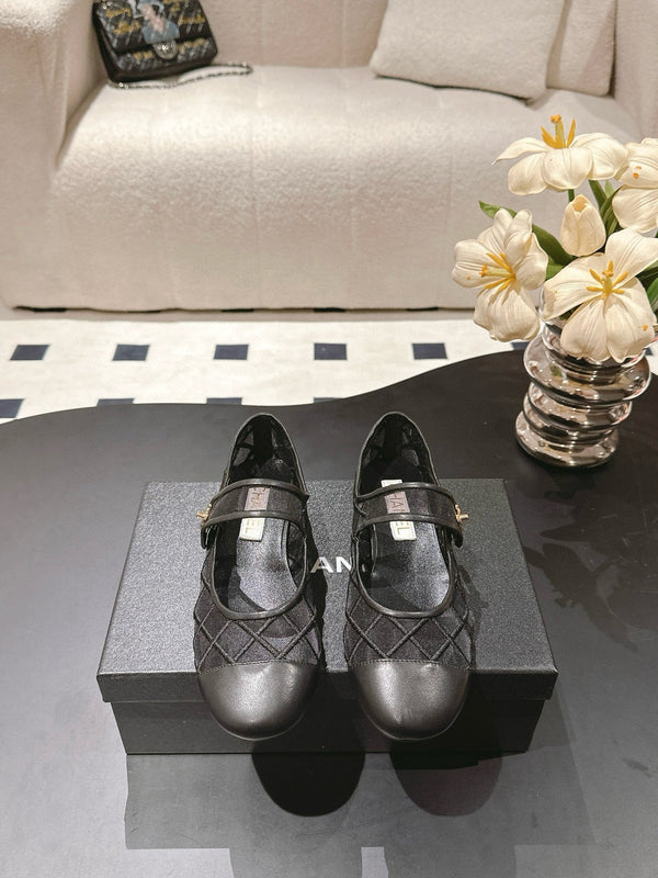 Chanel Mary Janes Flats Black Mesh Leather