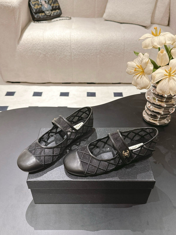 Chanel Mary Janes Flats Black Mesh Leather