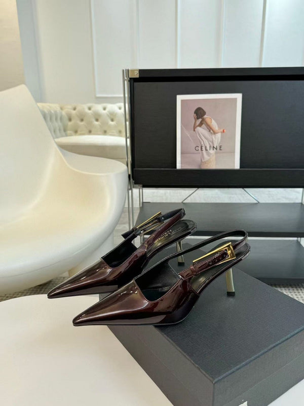 YSL Pointed Toe Slingback 75mm Burgundy Patent Calfskin