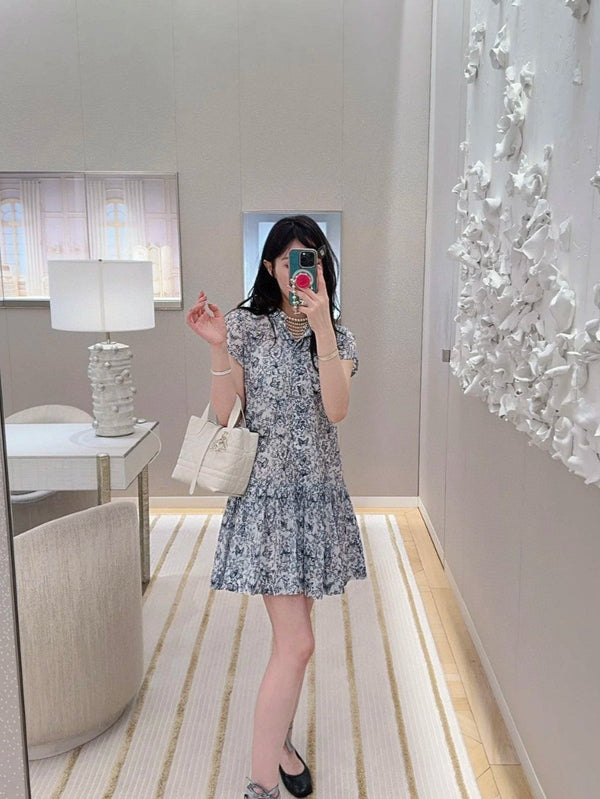 CD Short Dress White Cotton Muslin with Blue Butterfly Motif