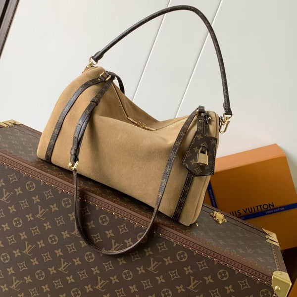 LV Express MM Bag 36cm Beige Suede Monogram Canvas GHW
