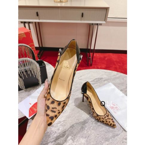 CL Hot Chick Pumps 100mm Patent and Calf Hair Leopard Print Brown