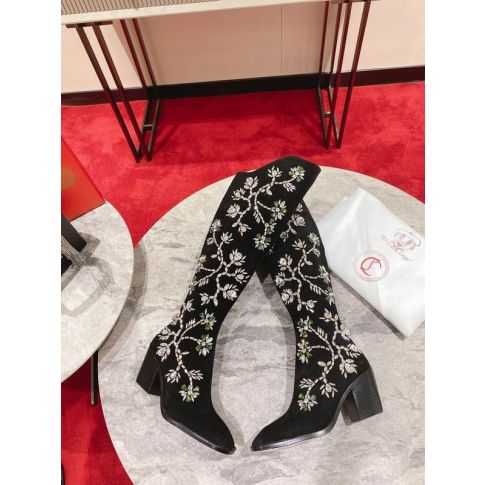 CL Morgan Fleur Knee High Boots Velvet with Crystals Black