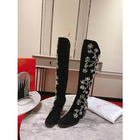 CL Morgan Fleur Knee High Boots Velvet with Crystals Black