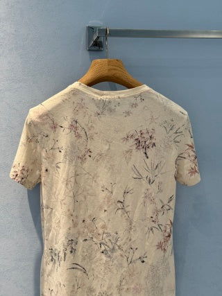 CD 25 Ink And Floral short Sleeves T-shirt Beige Cotton Linen