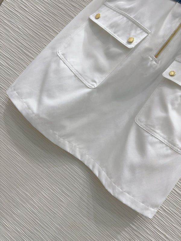 LV 25S Blue Belted Dress White Brown Cotton Polyester