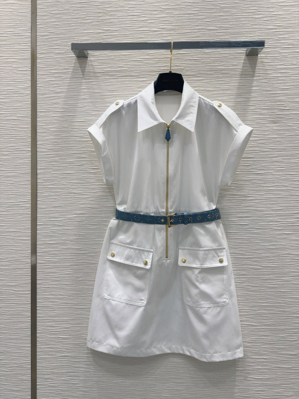 LV 25S Blue Belted Dress White Brown Cotton Polyester