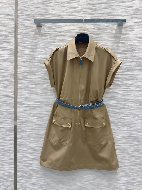 LV 25S Blue Belted Dress White Brown Cotton Polyester