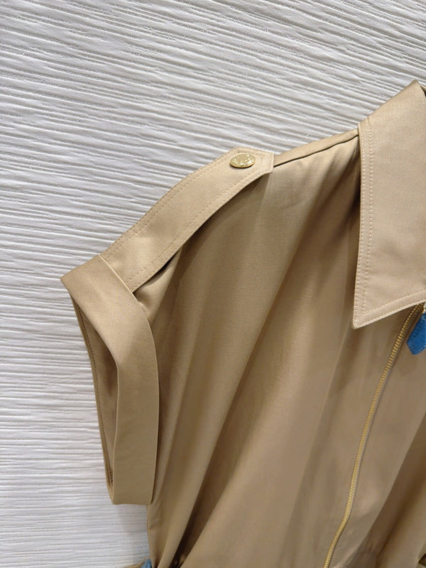 LV 25S Blue Belted Dress White Brown Cotton Polyester