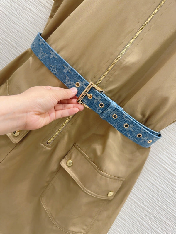 LV 25S Blue Belted Dress White Brown Cotton Polyester