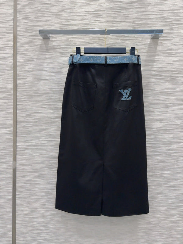 LV 25S Long Skirt Black Brown Cotton Polyester