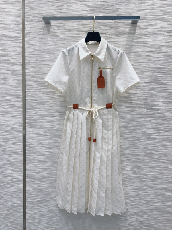 LV 25 Pleated Trendy Dress White Blue Poliester