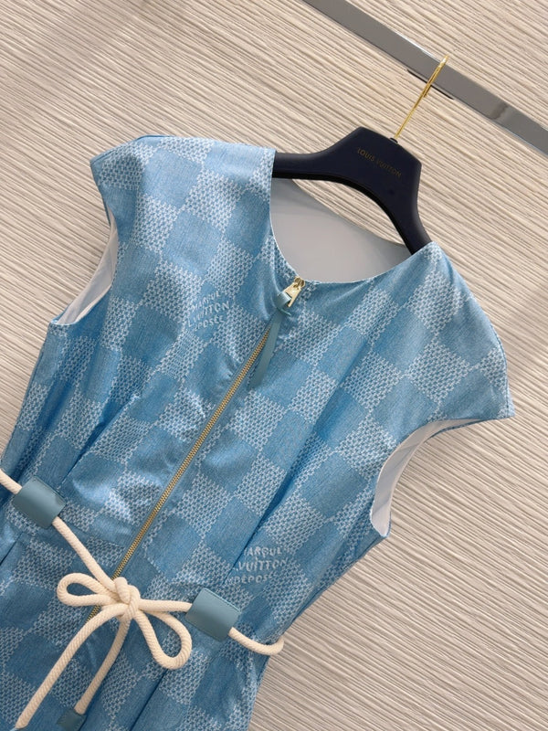 LV 25 Pleated Trendy Square Vest Dress White Blue Poliester