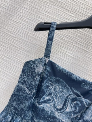 CD 25 Print Suspender Skirt Light Gray and Navy Blue Polyester