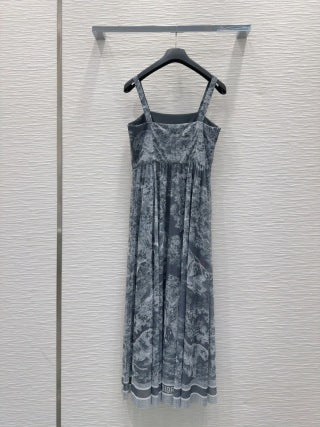 CD 25 Print Suspender Skirt Light Gray and Navy Blue Polyester