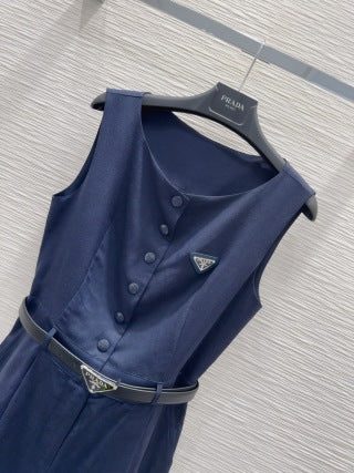 Prada 2025 Sleeveless Dress with Belt Navy Blue and White Linen