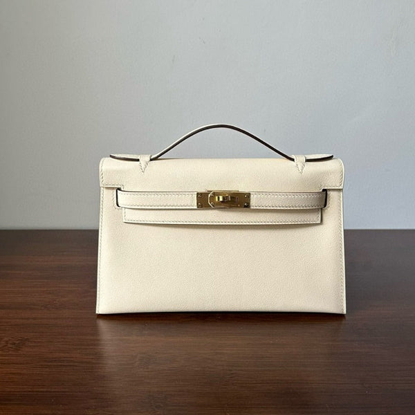 HM KELLY POCHETTE 22CM WHITE BEIGE SWIFT GOLD HARDWARE BEST