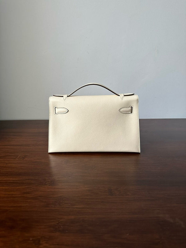 HM KELLY POCHETTE 22CM WHITE BEIGE SWIFT GOLD HARDWARE BEST