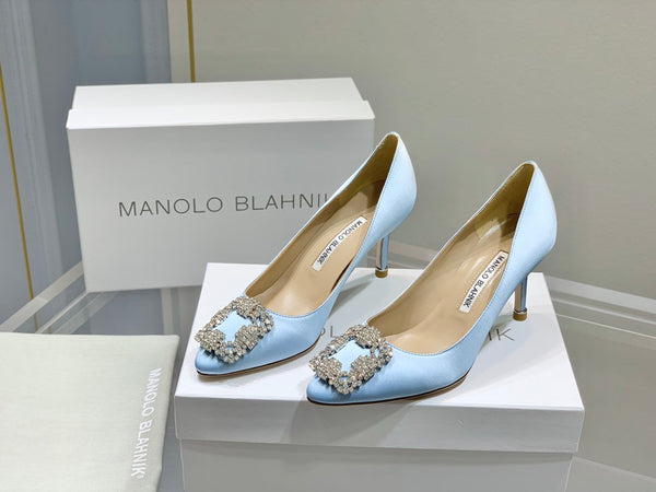 Manolo Diamond Buckle Pumps Baby Blue Silk 327501