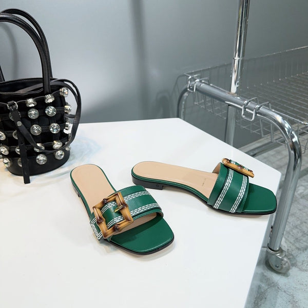 GG BAMBOO BUCKLE FLAT SANDALS GREEN