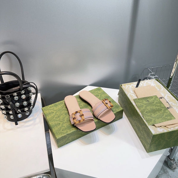 GG BAMBOO BUCKLE FLAT SANDALS BEIGE