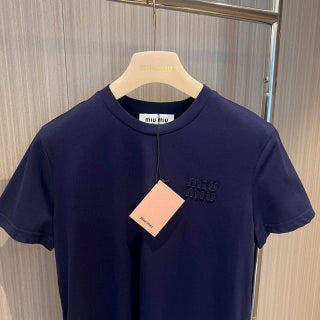 T-shirt in cotone con logo ricamato e lettera Miu Miu