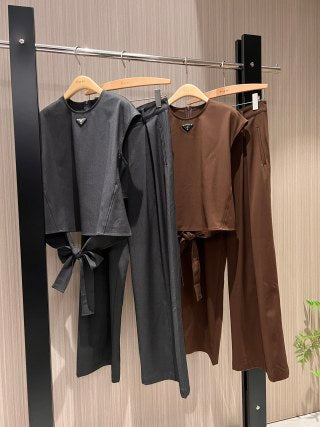 Prada Bow Tie T-shirt and Trouser Set Brown and Gray Wool Polyester