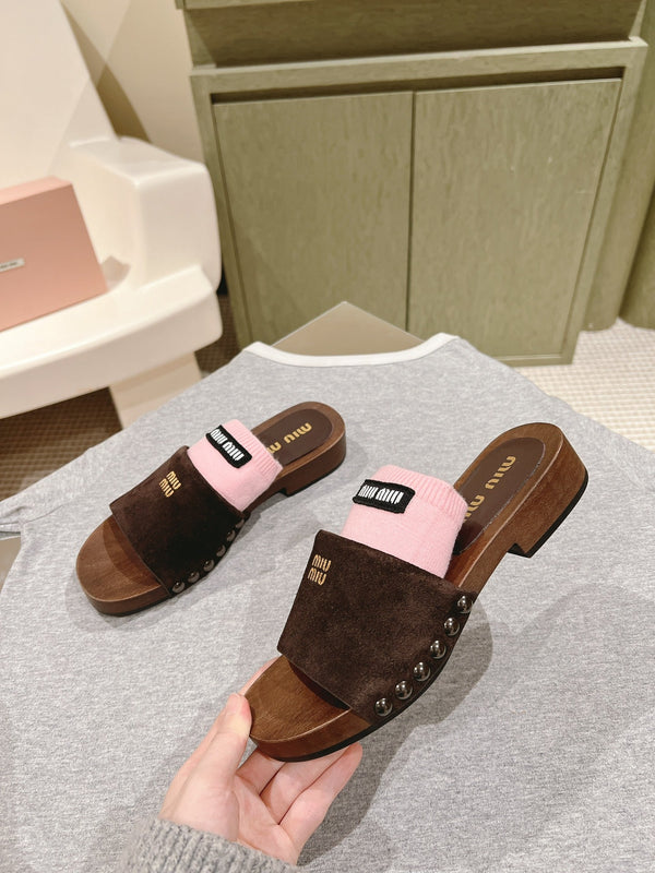 Miu Clogs 30mm Brown Pink Suede Wood 445657