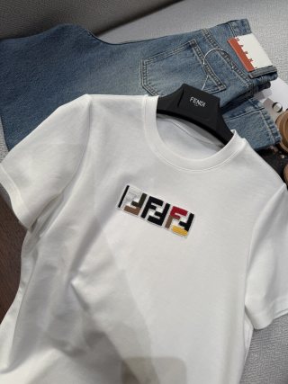 Fendi Embroidered Beaded T-shirt Black White Cotton