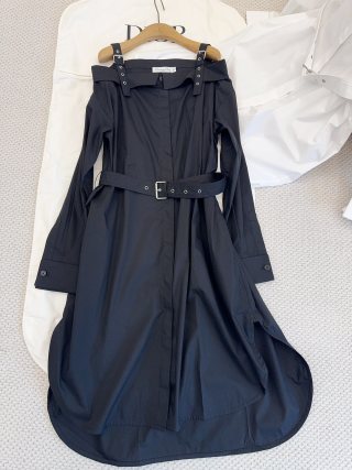 CD 25 Off-shoulder Shirt Dress Black White Cotton