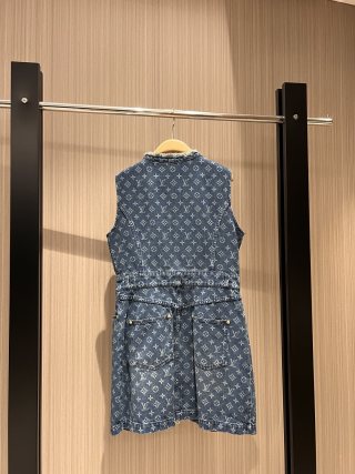 LV Denim Fabric Double Head Zipper Dress Black Blue Cotton