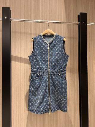 LV Denim Fabric Double Head Zipper Dress Black Blue Cotton