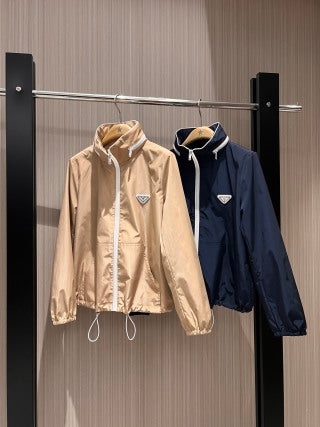 Prada Stand-up Collar Hooded Jacket Dark Blue and Khaki nylon