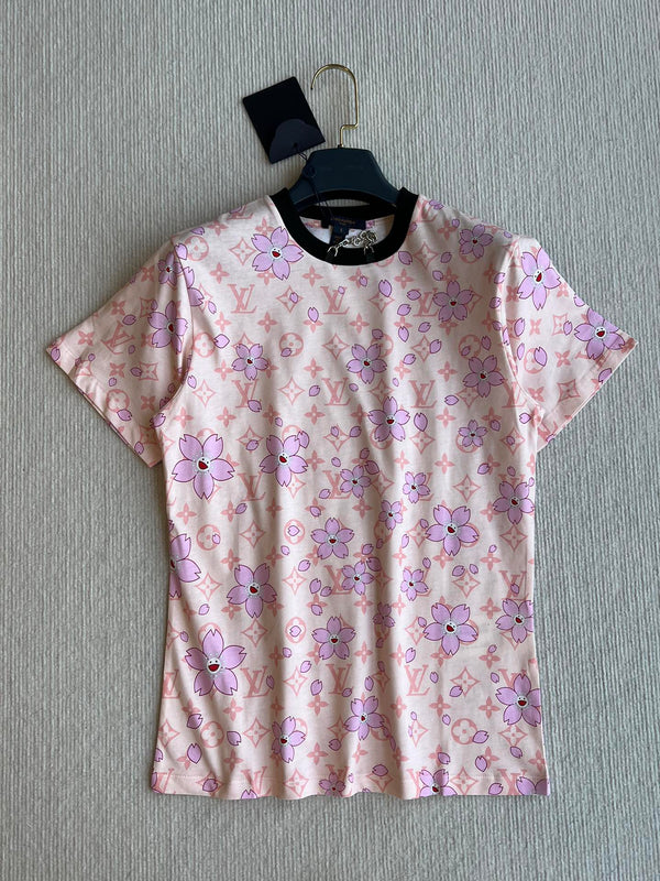 LV 25 Sakura Flower T-Shirt Pink Brown Cotton