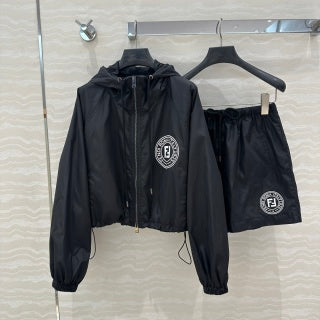 Fendi Hooded Jacket Set Black Silk Fabric