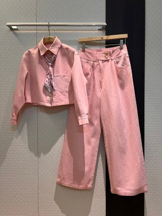 LV Flower Denim Wide Leg Pants Pink Grey