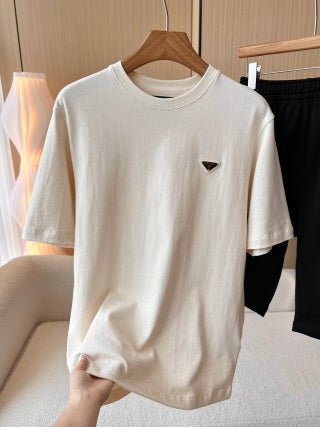 Prada Triangle Logo Round Neck T-shirt Beige Cotton