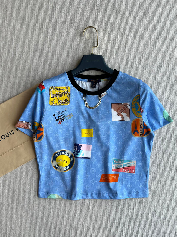 LV 25 Print Contrast Color Threaded Edge Collar T-shirt White Blue Cotton
