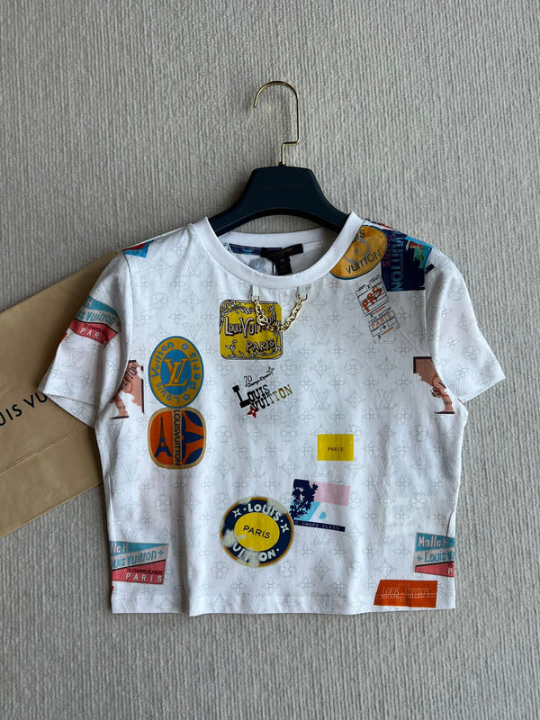 LV 25 Print Contrast Color Threaded Edge Collar T-shirt White Blue Cotton