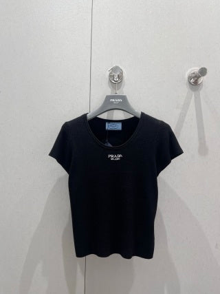 Prada 25 Letter Embroidered Knitted Short-sleeved Top Wool Acrylic Nylon 216873