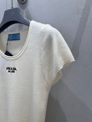 Prada 25 Letter Embroidered Knitted Short-sleeved Top Wool Acrylic Nylon 216873