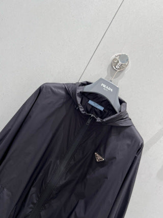 Prada 25 Hooded Triangle Logo Jacket Shorts Suit Black Polyester 217937