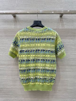 Fendi 25 Knitted Short-sleeved Top Green Pink Wool Cotton