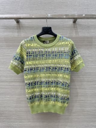 Fendi 25 Knitted Short-sleeved Top Green Pink Wool Cotton